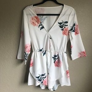 White Floral Printed Surplice Romper BRIDAL